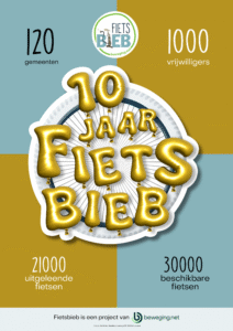 10 jaar fietsbieb affiche meer dan 120 gemeentes, 1000 vrijwilligers, 21000 uitgeleende fietsen