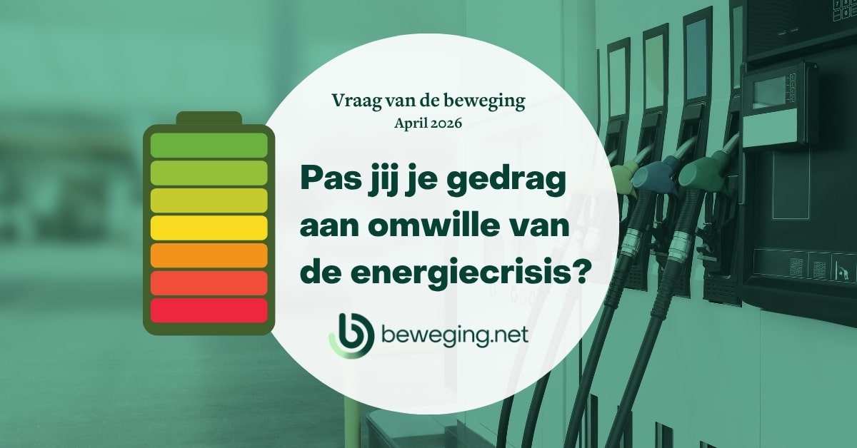 Witte bol met de tekst 'Pas jij je gedrag aan omwille van de energiecrisis?'. Naast de bol staat links een volle batterij. Op de achtergrond staat een foto van een tankstation.