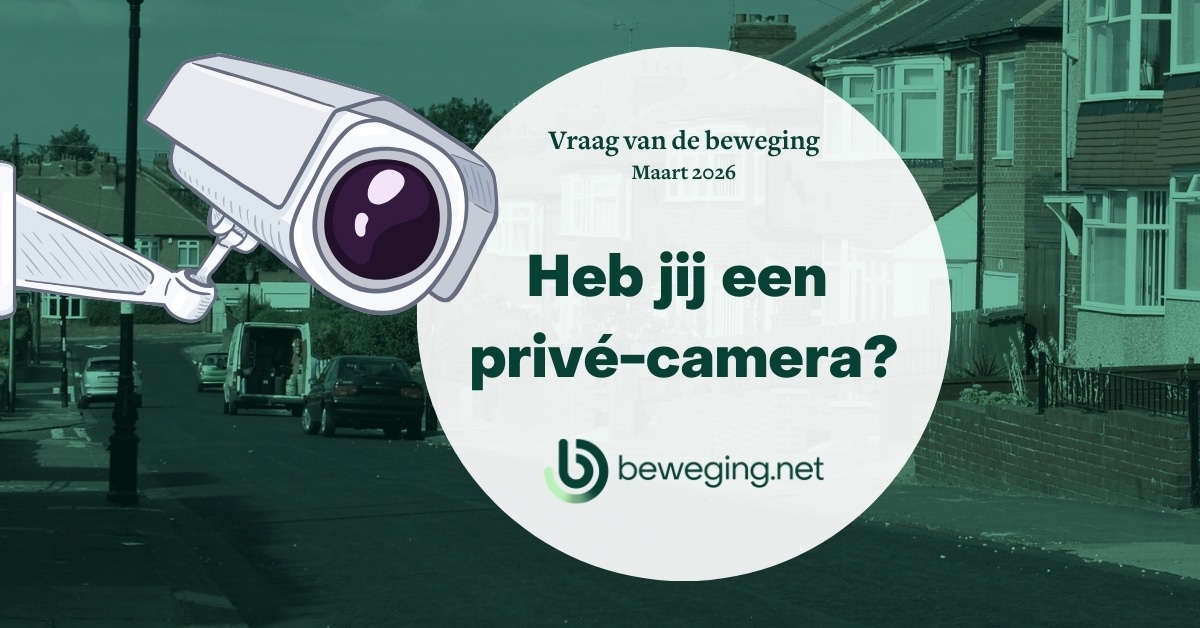 Witte bol met de tekst 'Heb jij een privé-camera?'. Naast de bol staat links een camera