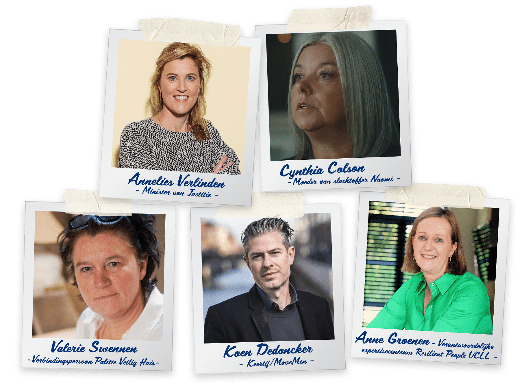 Polaroids van de vijf panelspreker. Vier vrouwen en één man: Annelies Verlinden, Cynthia Colson, Moeder van slachtoffer Naomi, Valerie Swennen -Verbindingspersoon politie en ‘Veilig Huis’, Koen Dedoncker-Keertij/MoveMen, Anne Groenen - Verantwoordelijke expertisecentrum Resilient People UCLL