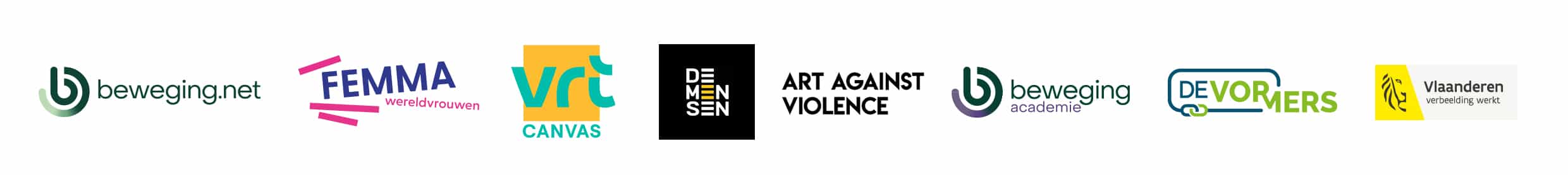 logo van verschillende partners: beweing.net - Femma - VRT Canvas - De mensen - Art against violence - Beweging.academie - De Vormers - Vlaanderen