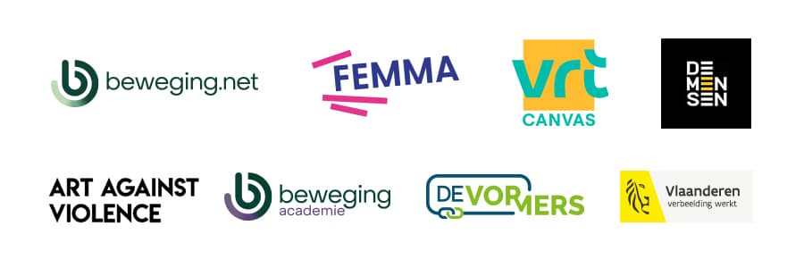 logo van verschillende partners: beweing.net - Femma - VRT Canvas - De mensen - Art against violence - Beweging.academie - De Vormers - Vlaanderen