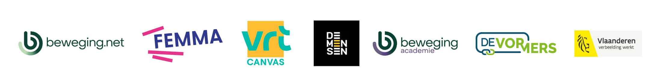 De logo's van verschillende partners: beweing.net - Femma - VRT Canvas - De mensen - Art against violence - Beweging.academie - De Vormers - Vlaanderen